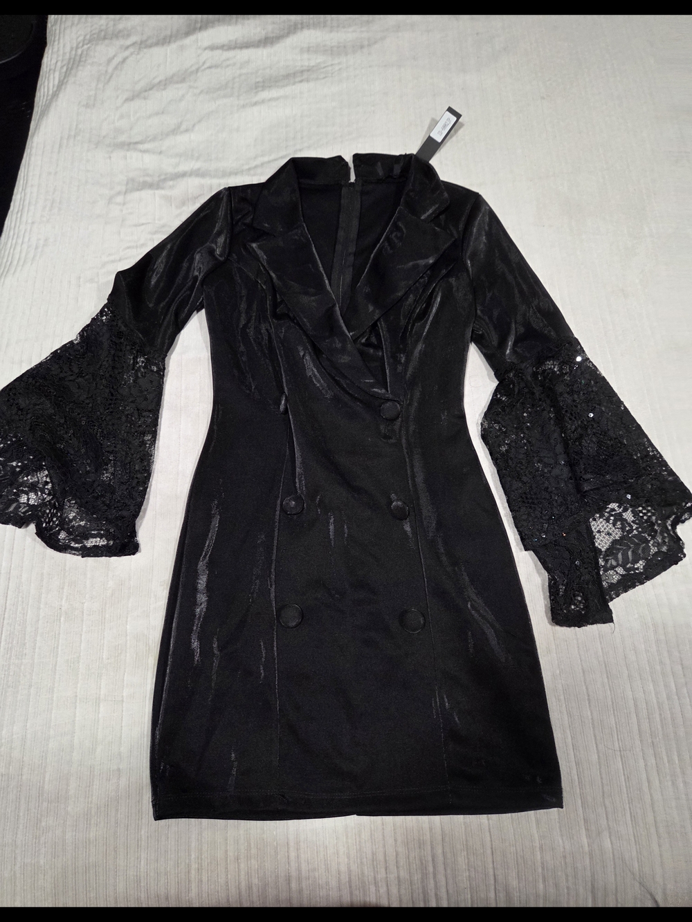 Symphony Black Lace Bell-Sleeve Double-Breasted Mini Dress